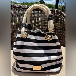 MICHAEL KORS Marina Black White Nautical Stripe Anchor Accent Tote Shoulder Bag